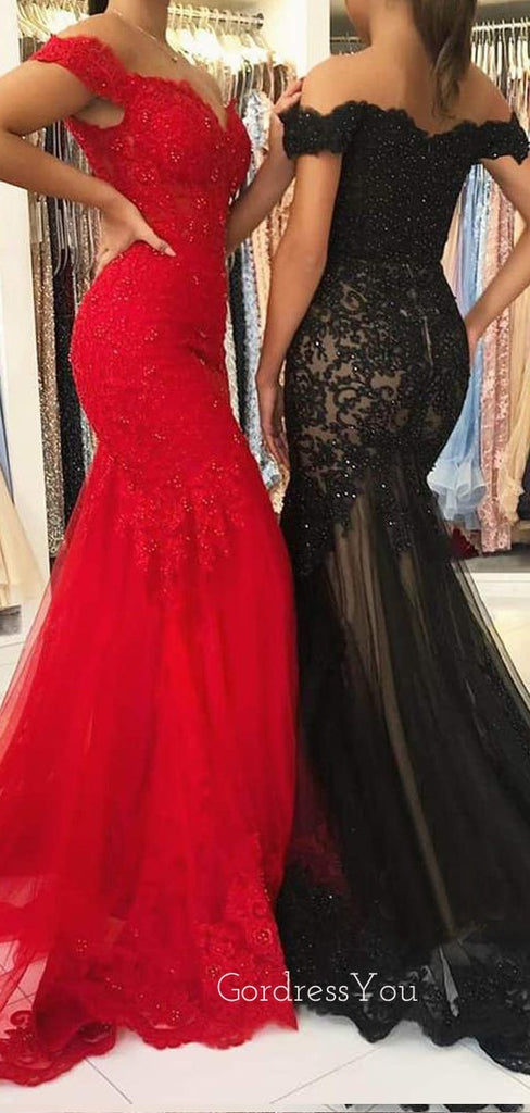 Off Shoulder Applique Lace Mermaid Beaded Long Evening Prom Dresses, MR7448