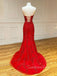 See Throuth Red Appliques Mermaid Lace Long Strapless Evening Prom Dresses, MR7451