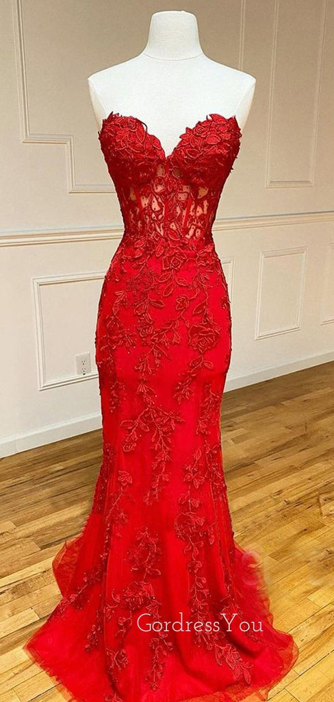 See Throuth Red Appliques Mermaid Lace Long Strapless Evening Prom Dresses, MR7451