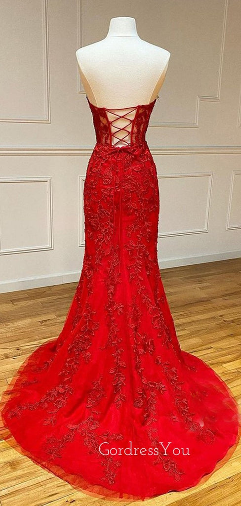 See Throuth Red Appliques Mermaid Lace Long Strapless Evening Prom Dresses, MR7451