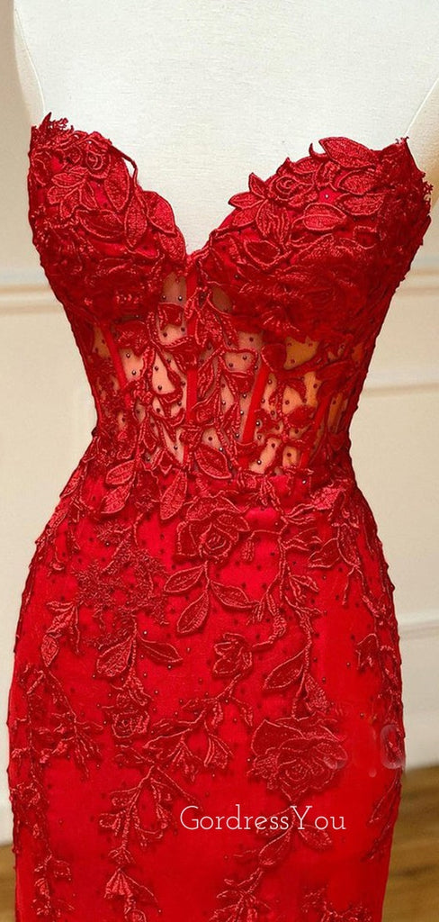 See Throuth Red Appliques Mermaid Lace Long Strapless Evening Prom Dresses, MR7451