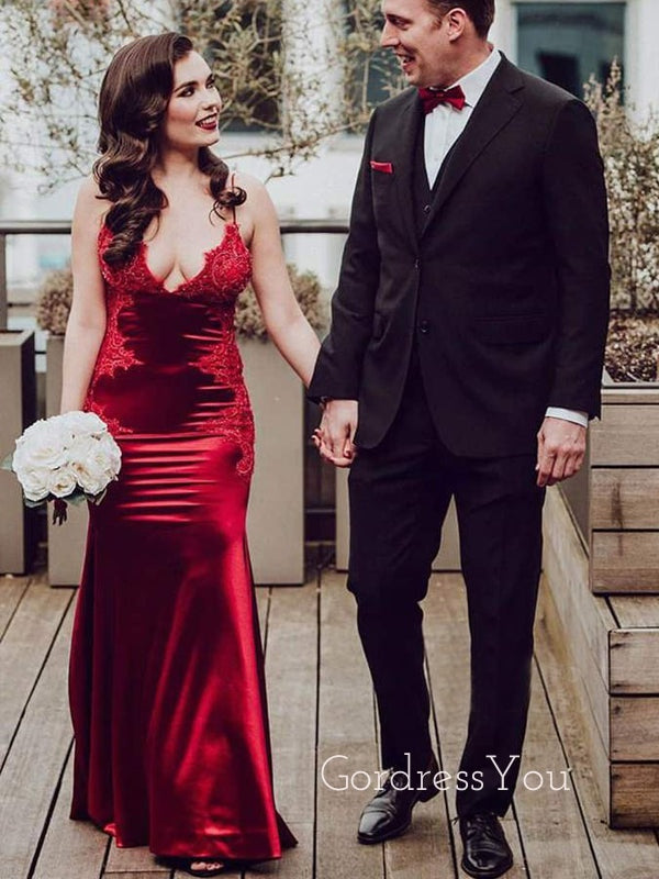 Burgundy Satin Spaghetti Straps Mermaid Long Evening Prom Dresses, Cheap Custom Prom Dresses, MR7459