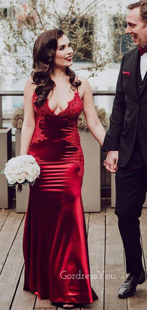 Burgundy Satin Spaghetti Straps Mermaid Long Evening Prom Dresses, Cheap Custom Prom Dresses, MR7459