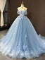 Ball Gown Off Shoulder Blue Tulle Appliques Long Evening Prom Dresses, Cheap Custom Prom Dresses, MR7461