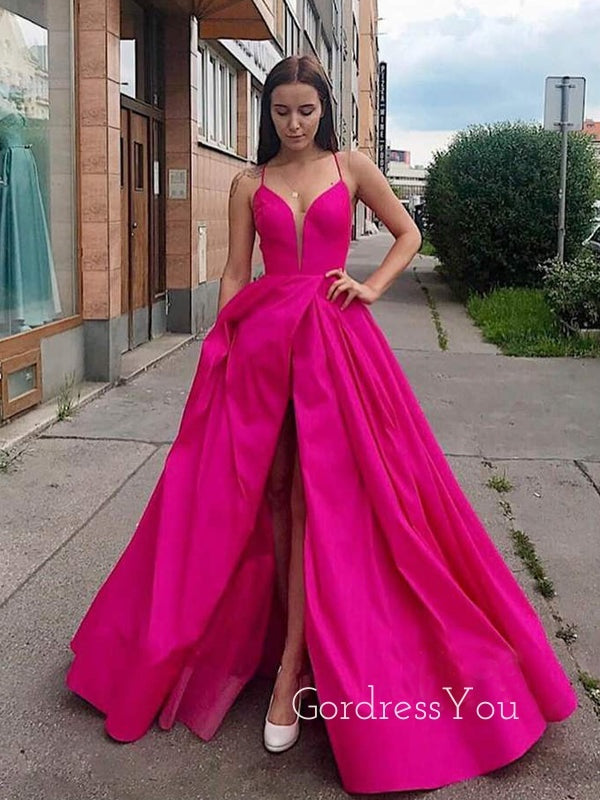 A-Line Fuchsia Satin V Neck High Slit Long Evening Prom Dresses, Cheap Custom prom dresses, MR7468