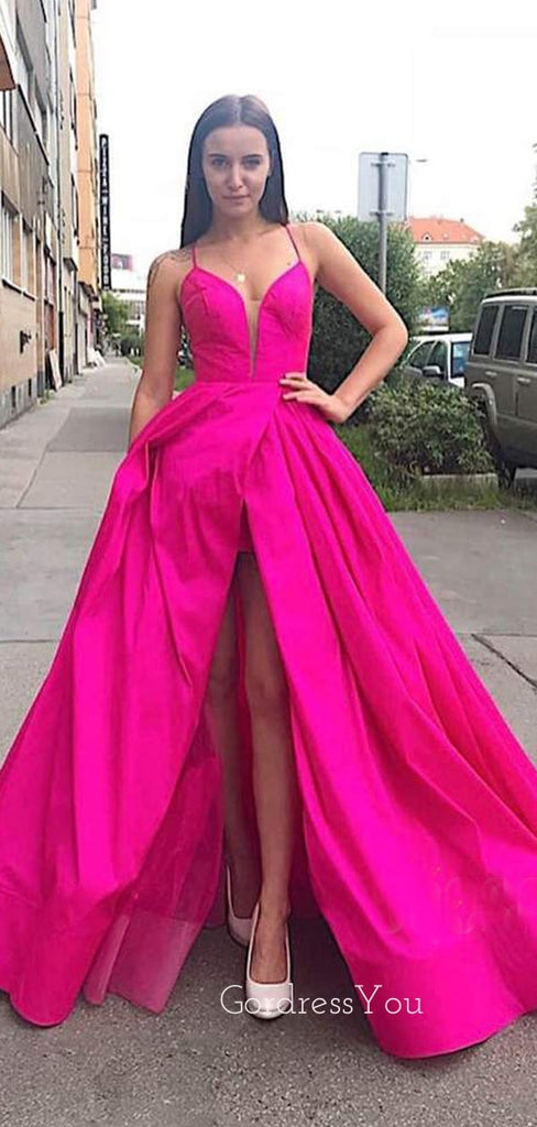 A-Line Fuchsia Satin V Neck High Slit Long Evening Prom Dresses, Cheap Custom prom dresses, MR7468