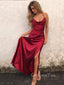 Burgundy Spaghetti Straps Backless Side Slit Formal Long Evening Prom Dresses, MR7469