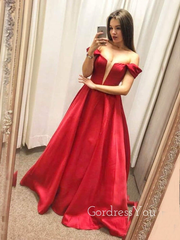 A-line Off Shoulder Red Satin Deep V Neck Long Evening Prom Dresses, Cheap Custom Prom Dresses, MR7473