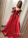 A-line Off Shoulder Red Satin Deep V Neck Long Evening Prom Dresses, Cheap Custom Prom Dresses, MR7473