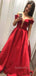 A-line Off Shoulder Red Satin Deep V Neck Long Evening Prom Dresses, Cheap Custom Prom Dresses, MR7473