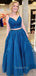 Two Pieces A-Line Spaghetti Straps Dark Blue Appliques Lace Long Evening Prom Dresses, Cheap Custom Prom Dress, MR7476