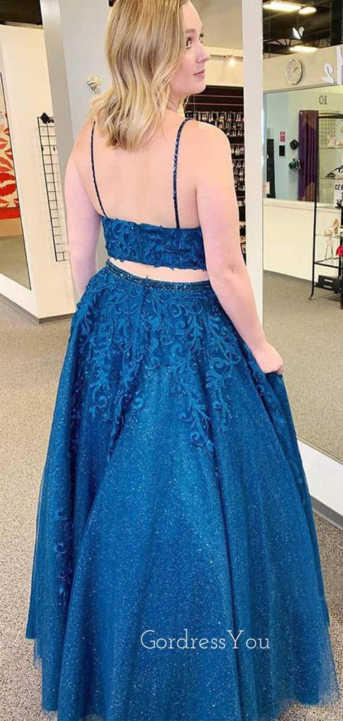 Two Pieces A-Line Spaghetti Straps Dark Blue Appliques Lace Long Evening Prom Dresses, Cheap Custom Prom Dress, MR7476