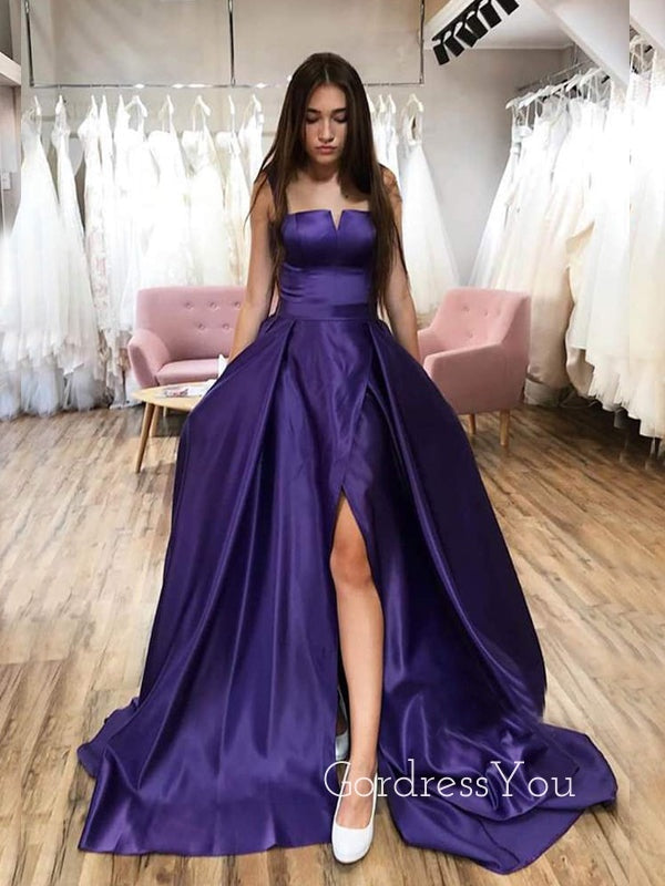 A-line Fuchsia Satin Long Evening Prom Dresses, Cheap Custom prom dresses, MR7477