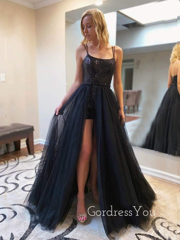 A-line Chic Scoop Sequins Detachable Skirt Senior Long Evening Prom Dresses, Cheap Custom Prom Dresses, MR7478