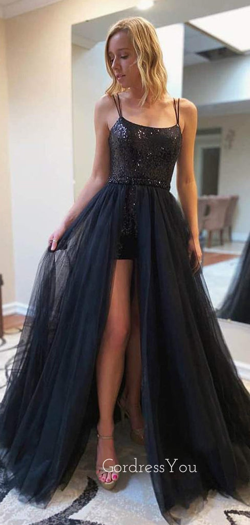 A-line Chic Scoop Sequins Detachable Skirt Senior Long Evening Prom Dresses, Cheap Custom Prom Dresses, MR7478