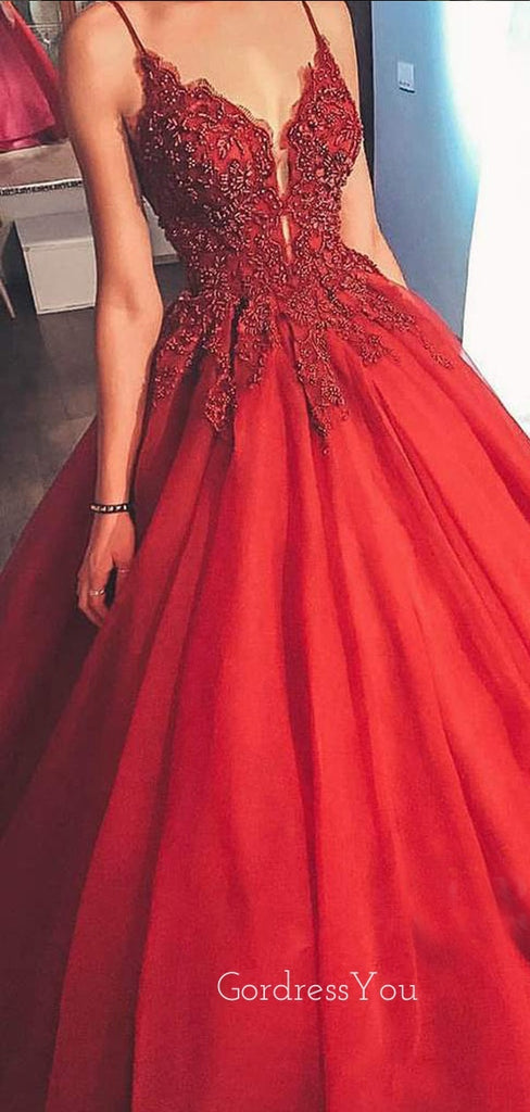 Sexy Deep V Neck A-line Red Satin Appliques Long Evening Prom Dresses, Cheap Custom Prom Dress, MR7483