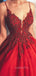 Sexy Deep V Neck A-line Red Satin Appliques Long Evening Prom Dresses, Cheap Custom Prom Dress, MR7483