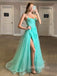 A-line Spaghetti Straps Tulle Side Slit Lace Long Evening Prom Dresses, MR7485