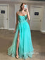 A-line Spaghetti Straps Tulle Side Slit Lace Long Evening Prom Dresses, MR7485