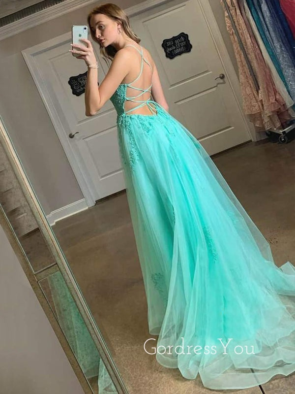 A-line Spaghetti Straps Tulle Side Slit Lace Long Evening Prom Dresses, MR7485