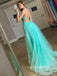 A-line Spaghetti Straps Tulle Side Slit Lace Long Evening Prom Dresses, MR7485