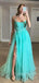 A-line Spaghetti Straps Tulle Side Slit Lace Long Evening Prom Dresses, MR7485