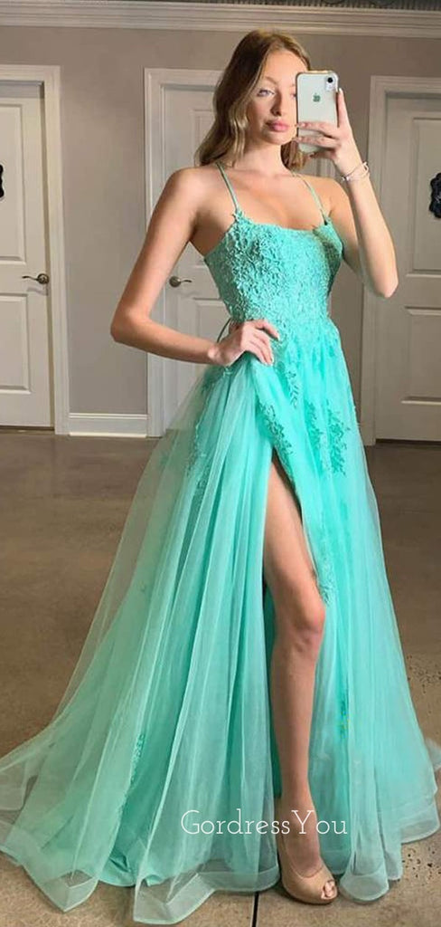 A-line Spaghetti Straps Tulle Side Slit Lace Long Evening Prom Dresses, MR7485