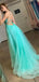 A-line Spaghetti Straps Tulle Side Slit Lace Long Evening Prom Dresses, MR7485