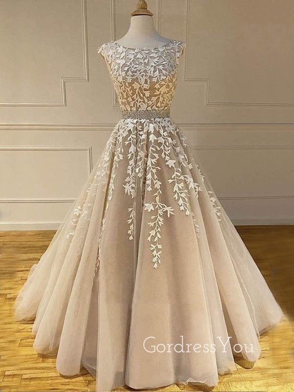 A-line Tulle Beaded Lace Long Appliques Evening Prom Dresses, Cheap Sweet Prom Dresses, MR7487