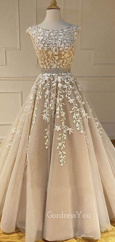 A-line Tulle Beaded Lace Long Appliques Evening Prom Dresses, Cheap Sweet Prom Dresses, MR7487