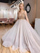 Deep V Neck A-line Tulle Beaded Long Evening Prom Dresses, Cheap Custom Prom Dress, MR7490