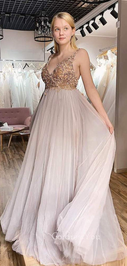 Deep V Neck A-line Tulle Beaded Long Evening Prom Dresses, Cheap Custom Prom Dress, MR7490