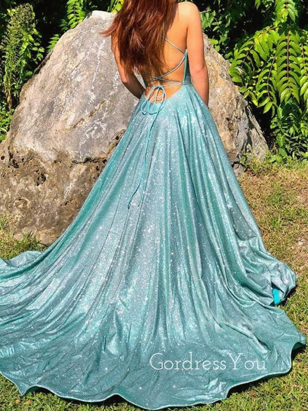 A-Line Spaghetti Straps Sparkly Backless Long Evening Prom Dresses, Cheap Custom Prom Dress, MR7491