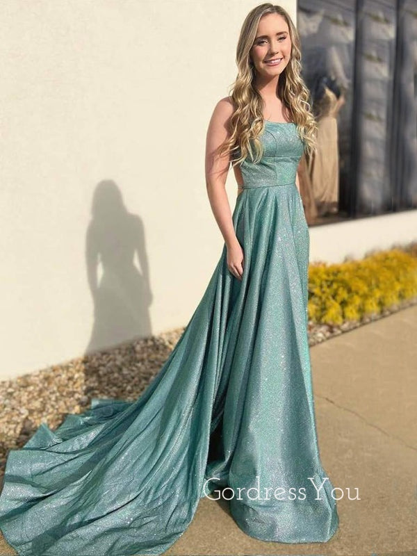 A-Line Spaghetti Straps Sparkly Backless Long Evening Prom Dresses, Cheap Custom Prom Dress, MR7491