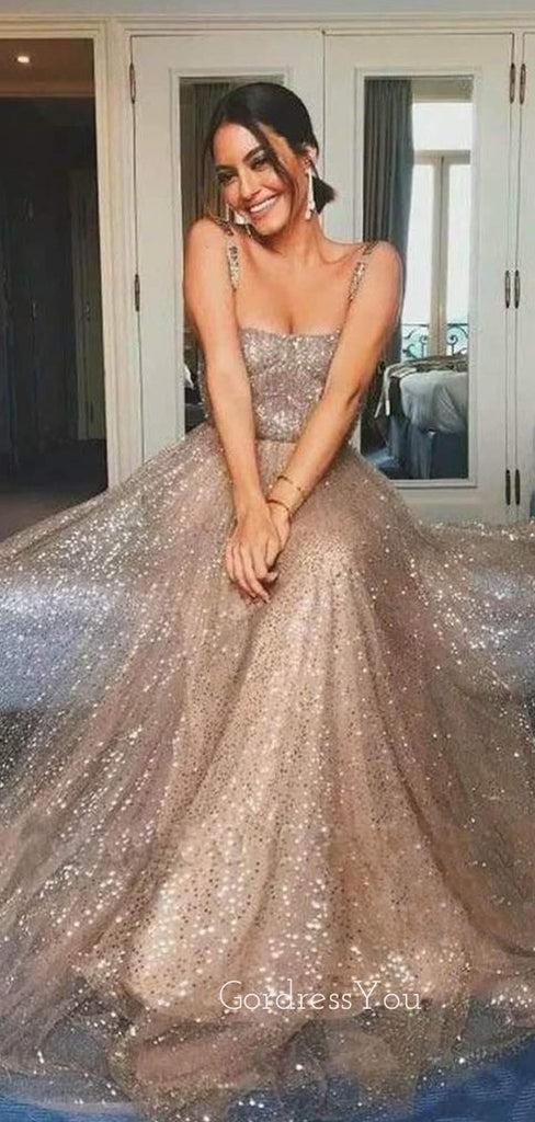 A-Line Sequin Sparkly Backless Long Evening Prom Dresses, Cheap Custom Prom Dress, MR7493