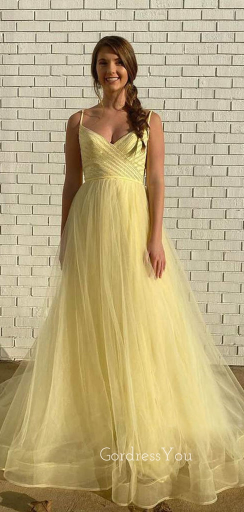 Yellow Tulle V Neck A-line Long Spaghetti Straps Long Evening Prom Dresses, Cheap Custom V Back Prom Dress, MR7550