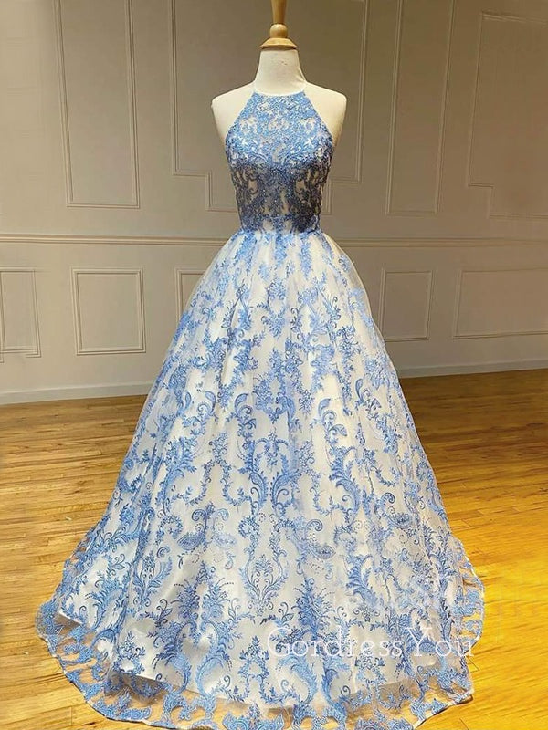 A-line Halter Blue Lace Beaded Long Evening Prom Dresses, Cheap Custom Prom Dress, MR7500