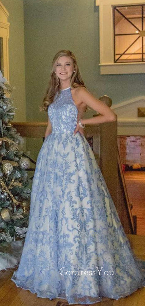 A-line Halter Blue Lace Beaded Long Evening Prom Dresses, Cheap Custom Prom Dress, MR7500