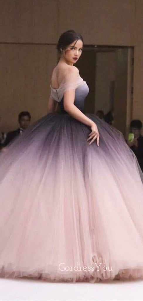 Off Shoulder Ball Gown Pink Tulle Gradient Long Evening Prom Dresses, Cheap Custom Prom Dresses, MR7502