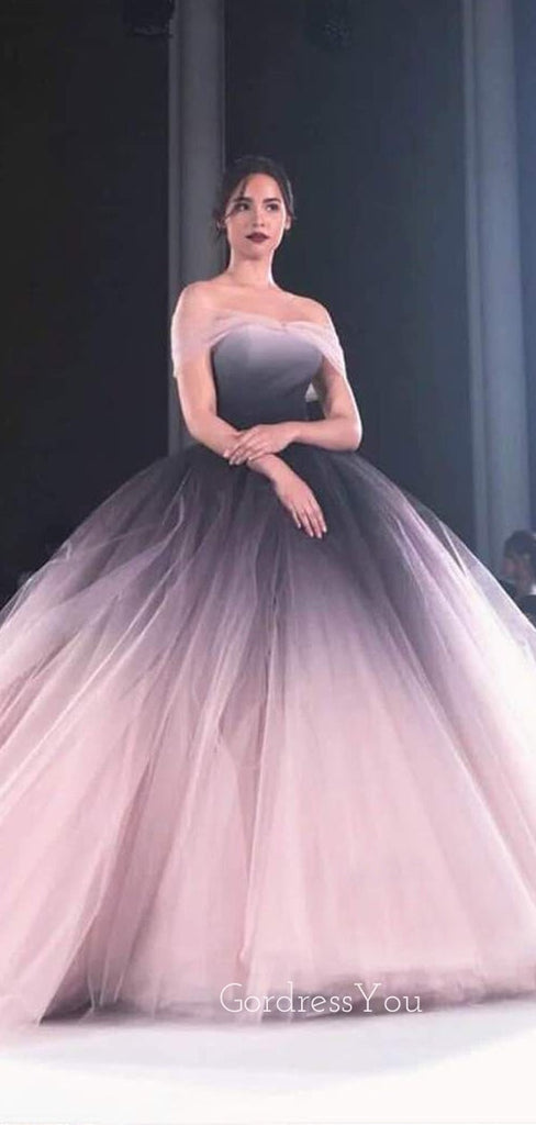 Off Shoulder Ball Gown Pink Tulle Gradient Long Evening Prom Dresses, Cheap Custom Prom Dresses, MR7502