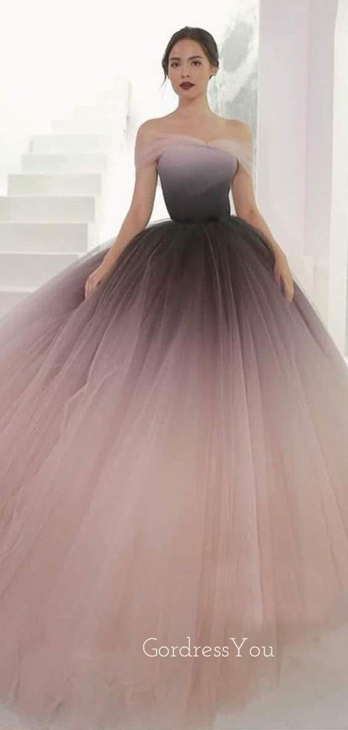 Off Shoulder Ball Gown Pink Tulle Gradient Long Evening Prom Dresses, Cheap Custom Prom Dresses, MR7502