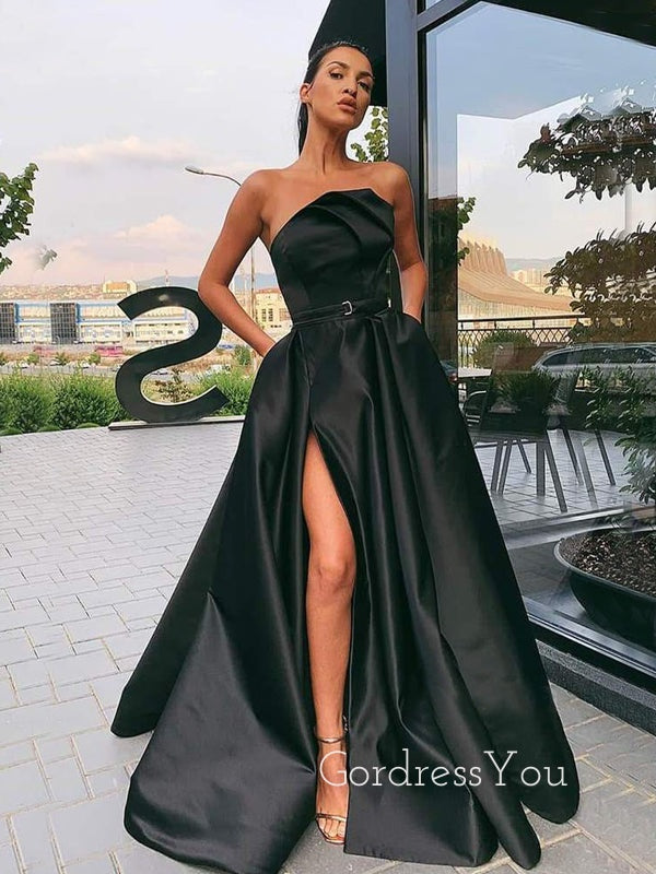 A-line Black Satin Side Slit Long Strapless Evening Prom Dresses, Cheap Custom Prom Dresses, MR7509