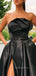 A-line Black Satin Side Slit Long Strapless Evening Prom Dresses, Cheap Custom Prom Dresses, MR7509