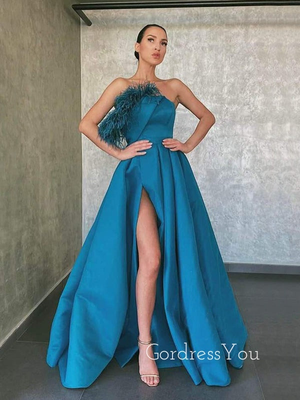 A-line Satin Side Slit Long Strapless Evening Prom Dresses, Cheap Custom Prom Dresses, MR7515