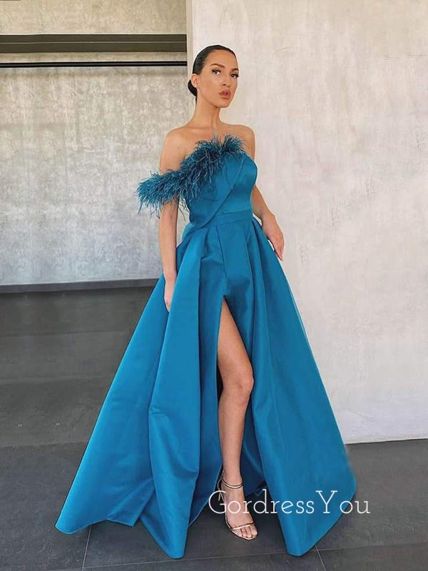 A-line Satin Side Slit Long Strapless Evening Prom Dresses, Cheap Custom Prom Dresses, MR7515