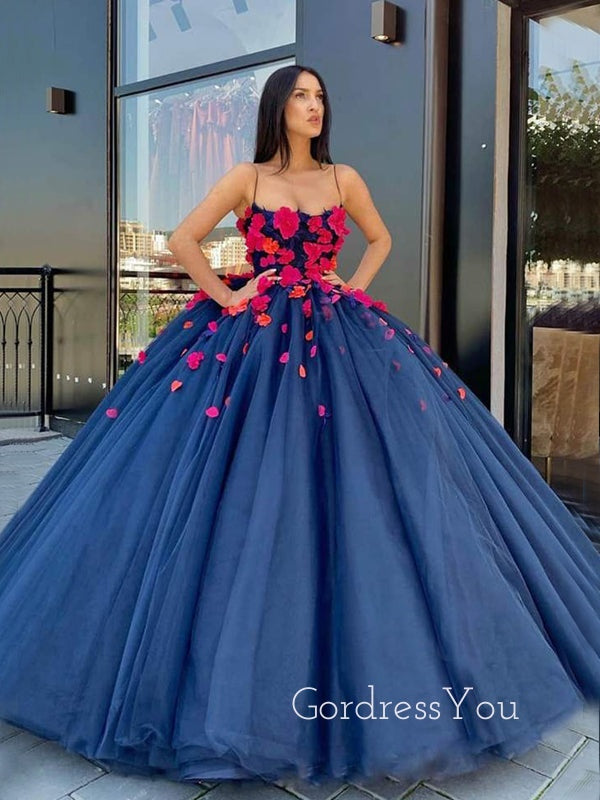 Ball Gown Navy Blue Tulle 3D Appliques Spaghetti Straps Long Evening Prom Dresses, Cheap Custom Prom Dresses, MR7522