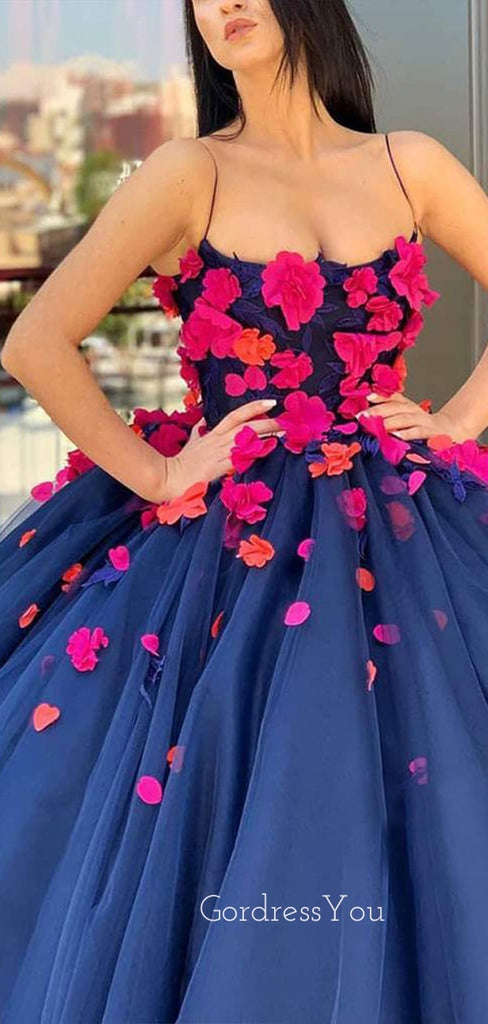 Ball Gown Navy Blue Tulle 3D Appliques Spaghetti Straps Long Evening Prom Dresses, Cheap Custom Prom Dresses, MR7522