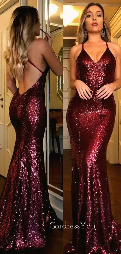 Sexy Backless Burgundy Sequin Mermaid Long Evening Prom Dresses, Cheap Custom Prom Dresses, MR7526