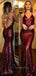 Sexy Backless Burgundy Sequin Mermaid Long Evening Prom Dresses, Cheap Custom Prom Dresses, MR7526