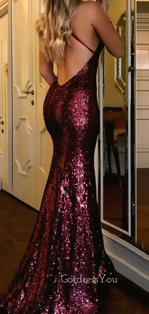 Sexy Backless Burgundy Sequin Mermaid Long Evening Prom Dresses, Cheap Custom Prom Dresses, MR7526